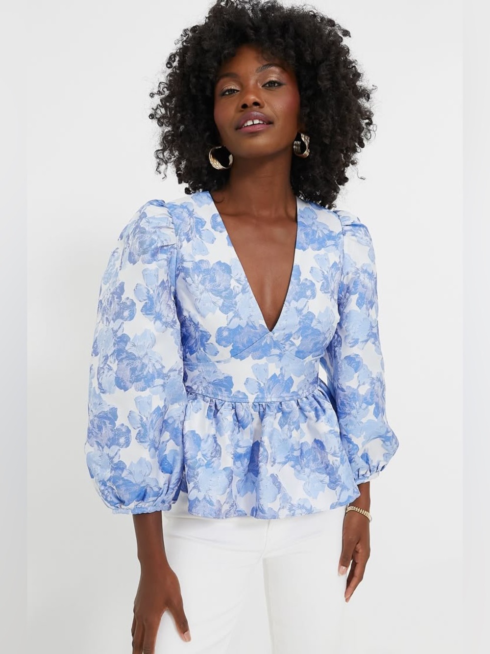 TUCKERNUCK Hyacinth House Blue Floral Jacquard Eleanor Peplum Blouse Size XXS